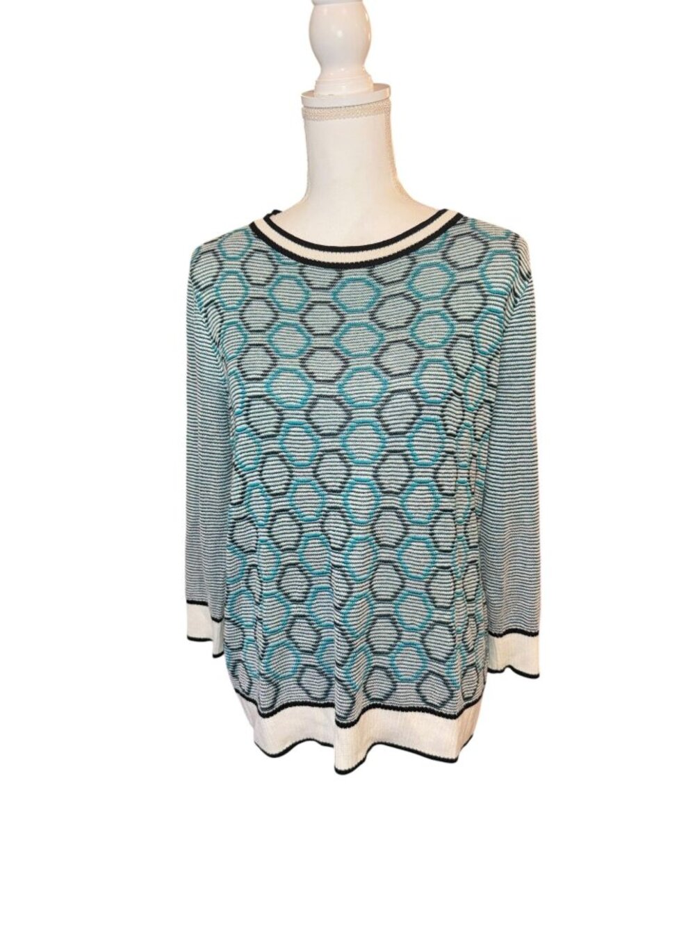 St. John Blue White Geometric Knit Pullover Sweater L Cashmere Wool Blend